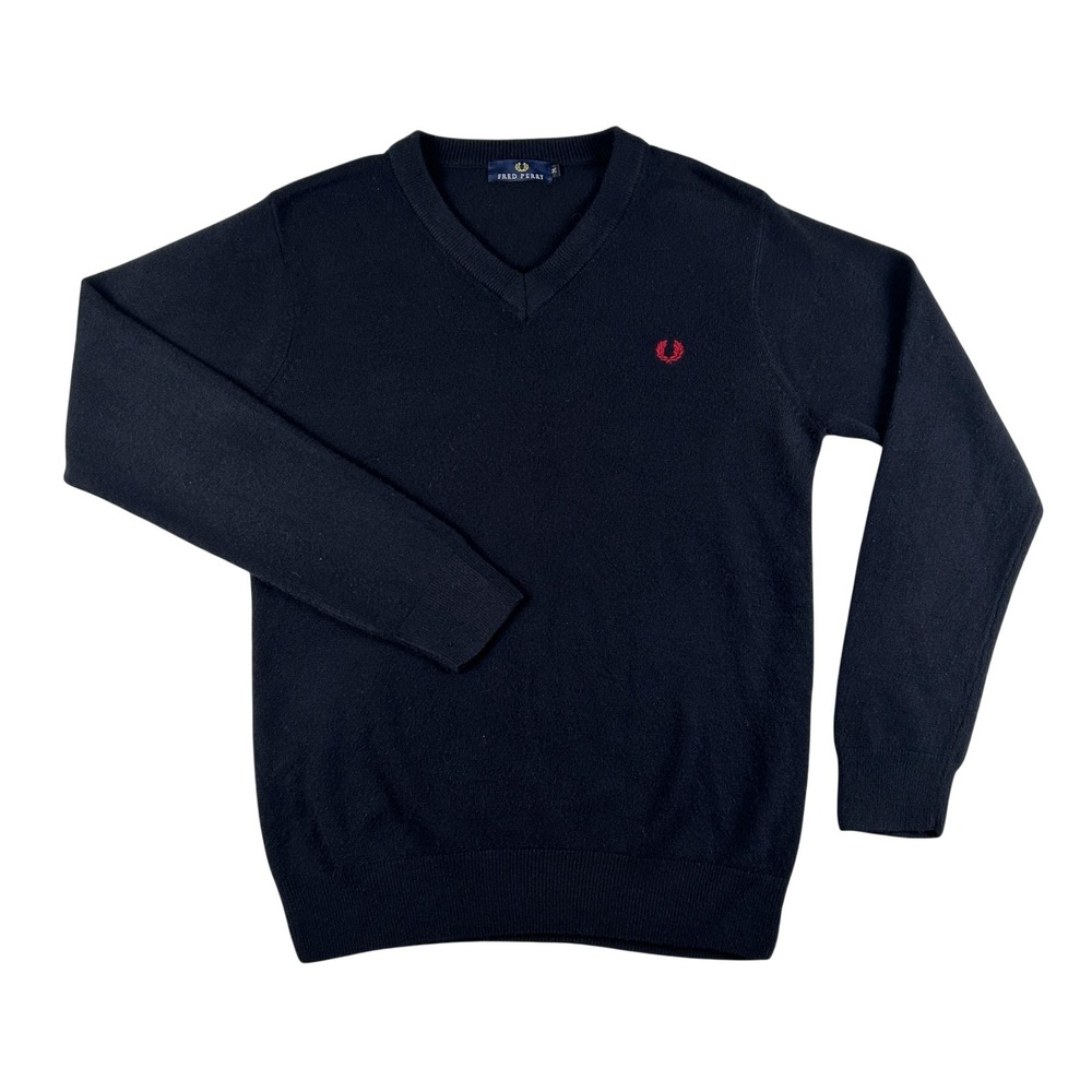 Fred Perry Sweater Mens Medium Black 100% Cashmere V Neck Knit Logo Pullover